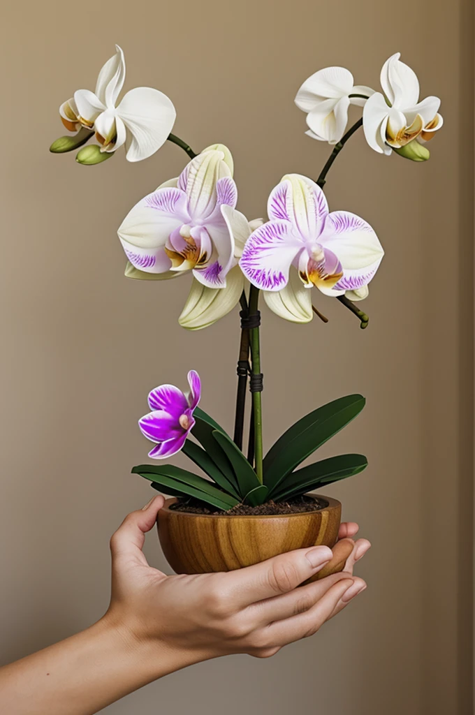 Make a logo with an orchid which is held by a hand with the phrase flower of itself