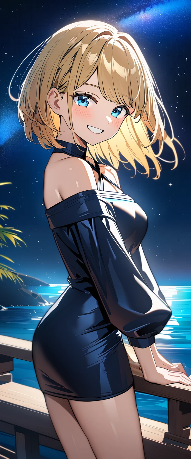 ((grin)), ((off-shoulder dress:1.3, criss-cross halter)), ((pencil dress)), ((blond hair, bob cut:1.3)), ((sunglasses, hand to sunglasses)), (((from side))), ((((upper body)))), bare legs, (()), (((a beautiful starry sky, the Milky Way shining beautifully in the night))), ((standing on the very high cliff)), wavy hair, inward curled hair, ((sea, nature)), breasts, ager, (looking at viewer), oversized clothes, puffy long sleeves, collarbone, head tilt:1.3, (((blue eyes))), happy smile, (((anime style))), (best quality, 4K, 8K, highres, masterpiece:1.2, ultra-detailed, ultra-detailed eyes, HDR, uhd, studio lighting, ultra-fine painting, sharp focus, physically-based rendering, extreme detail description, professional, vivid colors, bokeh)