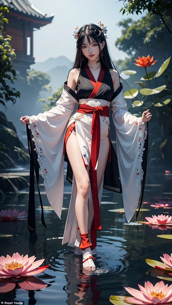 Wearing a lapis lazuli kimono in the dark17Year-old girl、Shiny black long straight hair、Up to the waist、Red and white mesh hair on a black background、Orange and red gradient eyeshadow、Slightly open red mouth、Walking quietly on the water、White tabi socks、Red cord、Sandals decorated with bells and white flowers、Holding a Japanese-style flute in his right hand、water pattern、Water Drop、A heron jumps out of the water、Take Off、Waterweed、water lily、
masterpiece, ultra detailed, best quality, hyperrealistic, photorealistic,
smile