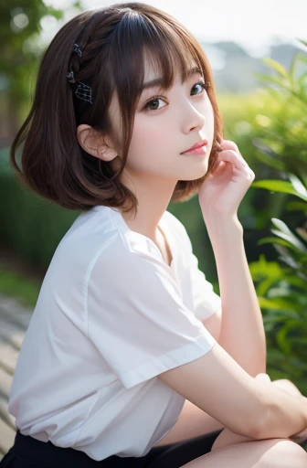 masterpiece:1.3), (8K, Realistic, RAW Photos, Best image quality: 1.4), Japanese Girls、Baby Face、(Random Hairstyles:1.2)、Highly detailed face、Attention to detail、double eyelid、Beautiful woman:1.4、Light brown hair、Highest quality、masterpiece、Ultra-high resolution、(Realistic:1.4)、Smile with professional lighting and attention to detail、Loose、thin、short hair、Deadly position、skirt、full_body