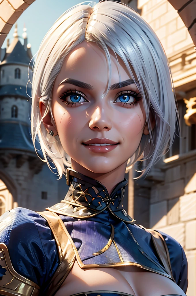 Isabella ,short white hair, blue eyes,  smile, hair over eye, 
 castle, royalty, solo, 
standing, upper body, 
(insanely detailed, beautiful detailed face, masterpiece, best quality) 
 