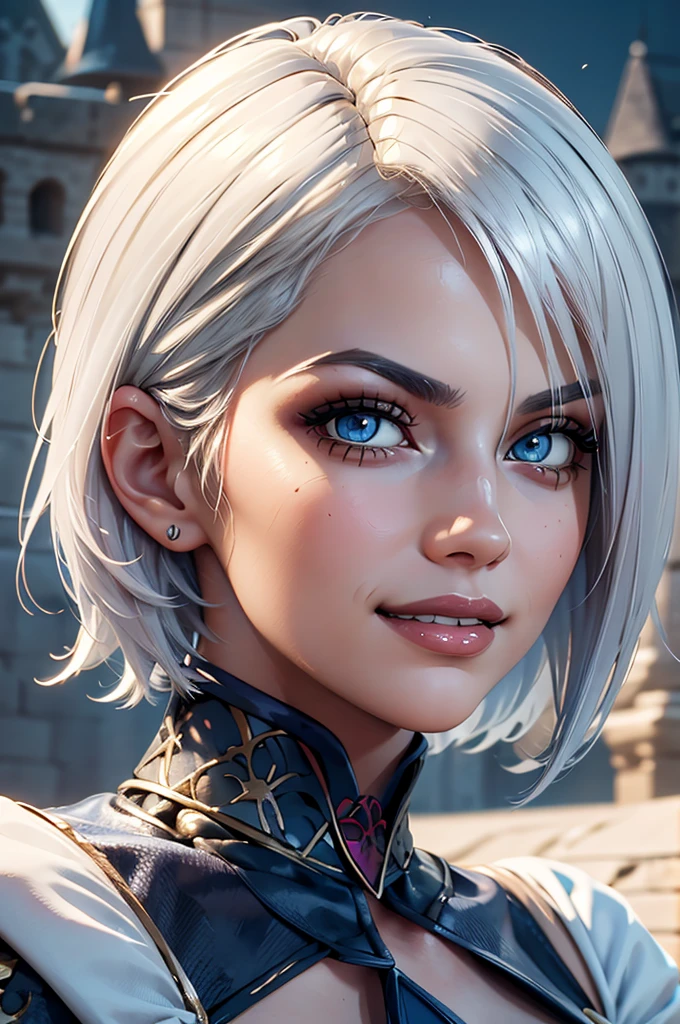 Isabella ,short white hair, blue eyes,  smile, hair over eye, 
 castle, royalty, solo, 
standing, upper body, 
(insanely detailed, beautiful detailed face, masterpiece, best quality) 
 