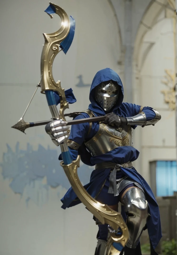 Male Knight in silver and gold armor and blue cloth wearing a blue hood and wielding a bow an arrow 