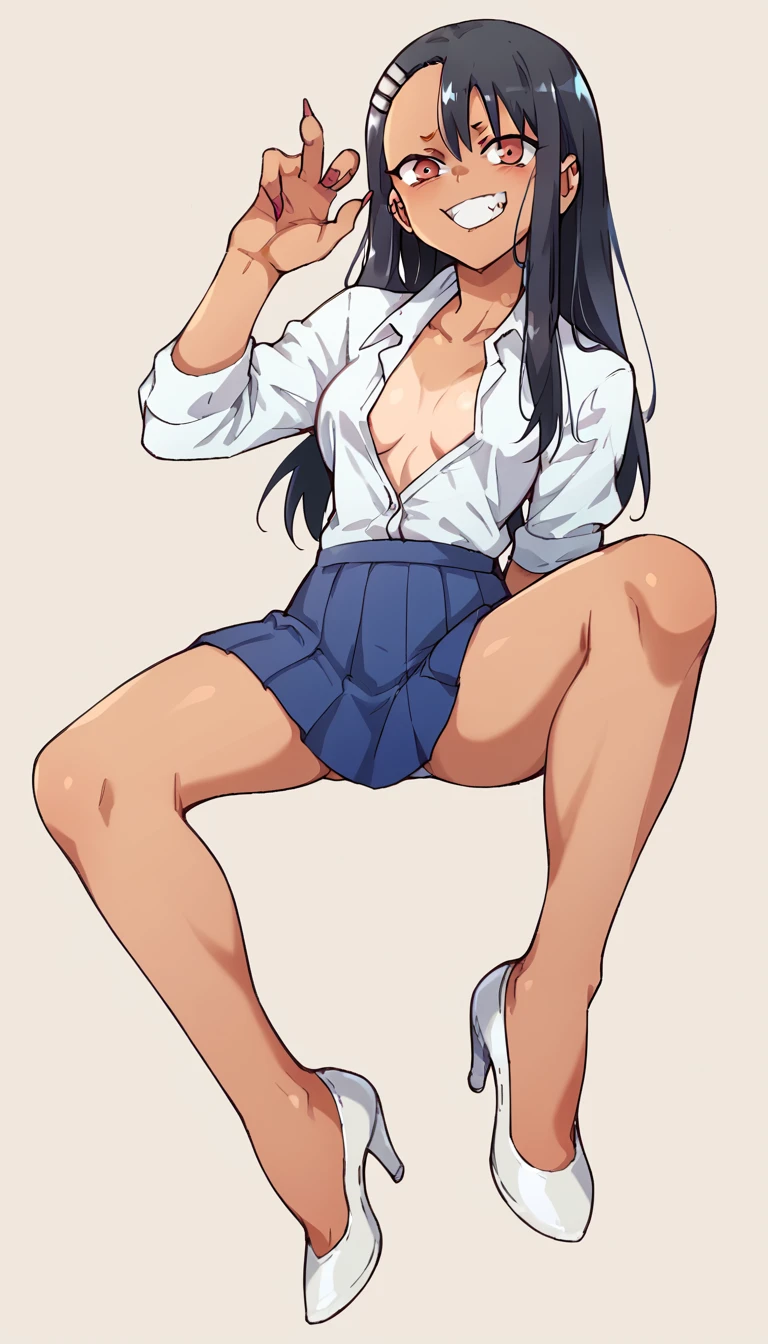 Hayase Nagatoro, dark-skinned, unbuttoned crop-top, blue pleated skirt, clear open-toe platform high heels, red nails 