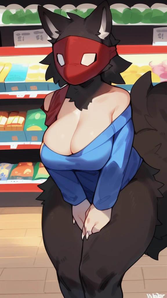 solo, 1girl, furry, full body, ((by bebebebebe)), ((small details:1.2)), ((prefect body structure)), ((amazingly prefect anatomy)), no mistakes, (cinematic lighting), (fluffy full black feral monster), (thick scruffy fur all over body:1.3), humanoid, brutish, think sharp claws, ((hair monster)), no face, (in run down big open super market background), (9 ft tall), no mask, big hips, hour glass figure, (large breasts:1.0), ((puffy black fur)), poofy fur, neutral, ((long fluffy tail)), fluffy sides, (big cleavage), tall, ((no face)), (hunched over leanin fg forward), ((dark red color off shoulder shirt)), ((cute mask)), ((detailed simple mask:1.1)),