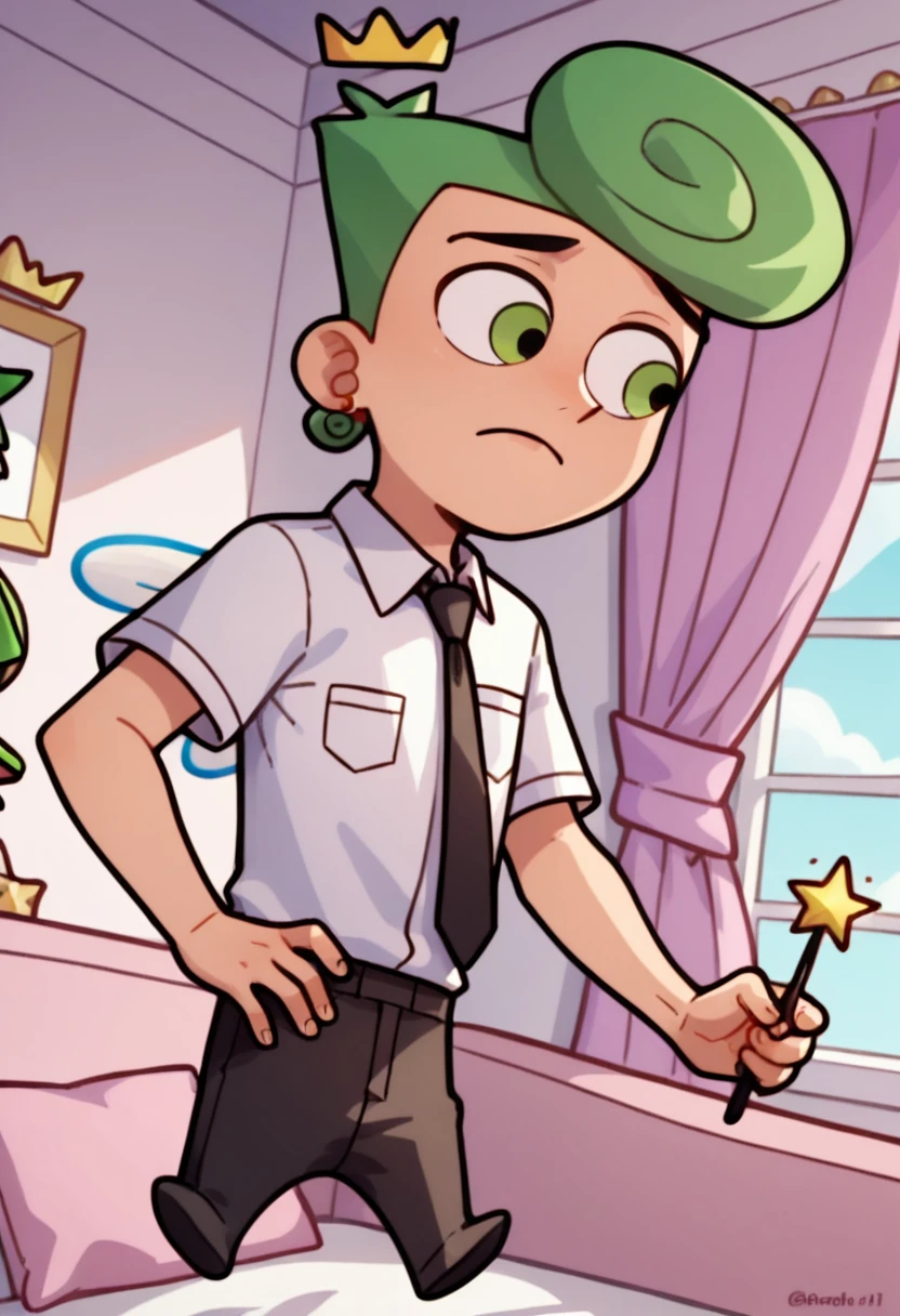 Score_9_up, score_8_up, score_7_up, 1boy, cosmofp, green hair, white shirt, black tie, black pants, green eyes, crown, wings, floating, wand, solo, bedroom, Expressiveh
