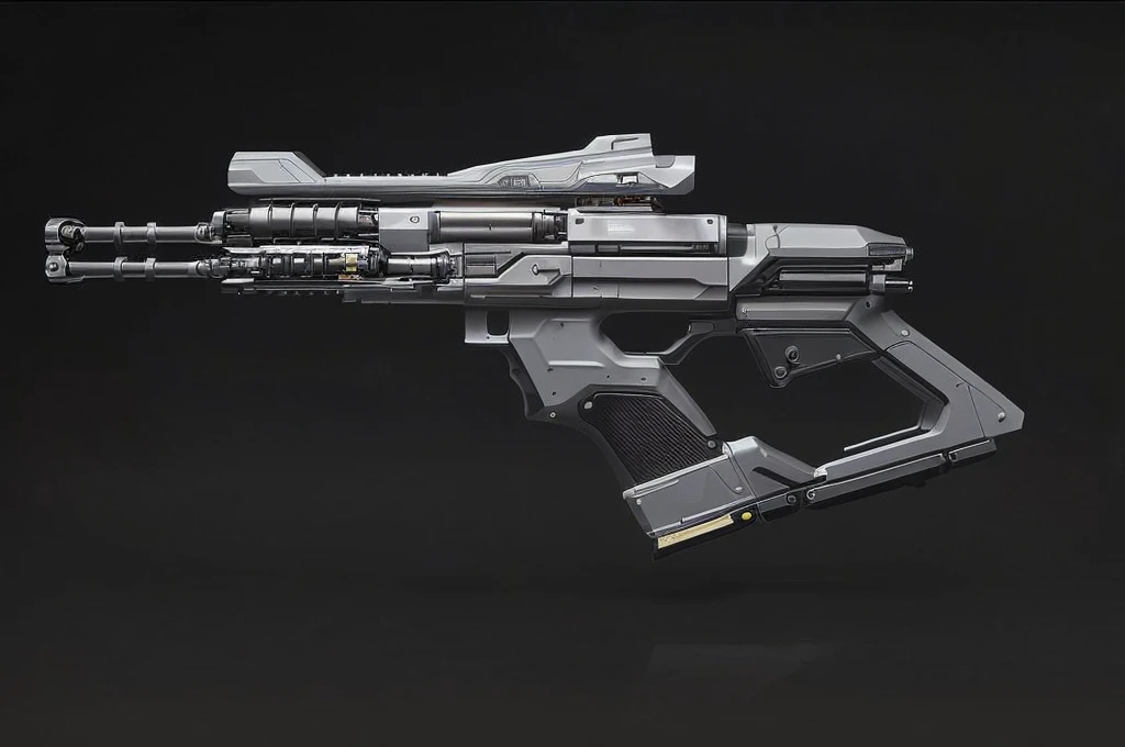 (masterpiece, top quality, best quality, official art, beautiful and aesthetic:1.2),(8k, best quality, no humans,( black background:1.3), gradient, gradient background, weapon, vehicle focus,grey design, Science fiction, gun,bullpup design,