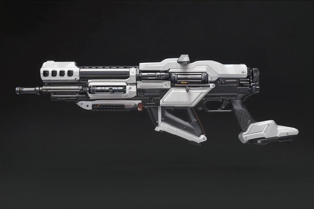 (masterpiece, top quality, best quality, official art, beautiful and aesthetic:1.2),(8k, best quality, no humans,( black background:1.3), gradient, gradient background, weapon, vehicle focus,grey design, Science fiction, gun,bullpup design,