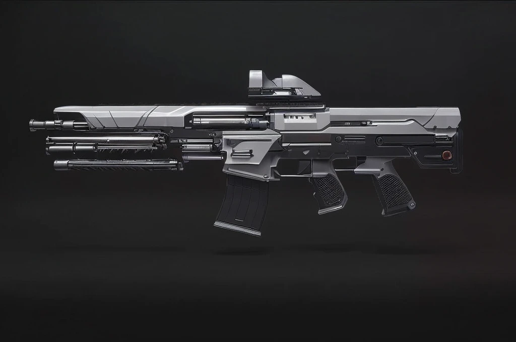 (masterpiece, top quality, best quality, official art, beautiful and aesthetic:1.2),(8k, best quality, no humans,( black background:1.3), gradient, gradient background, weapon, vehicle focus,grey design, Science fiction, gun,bullpup design,