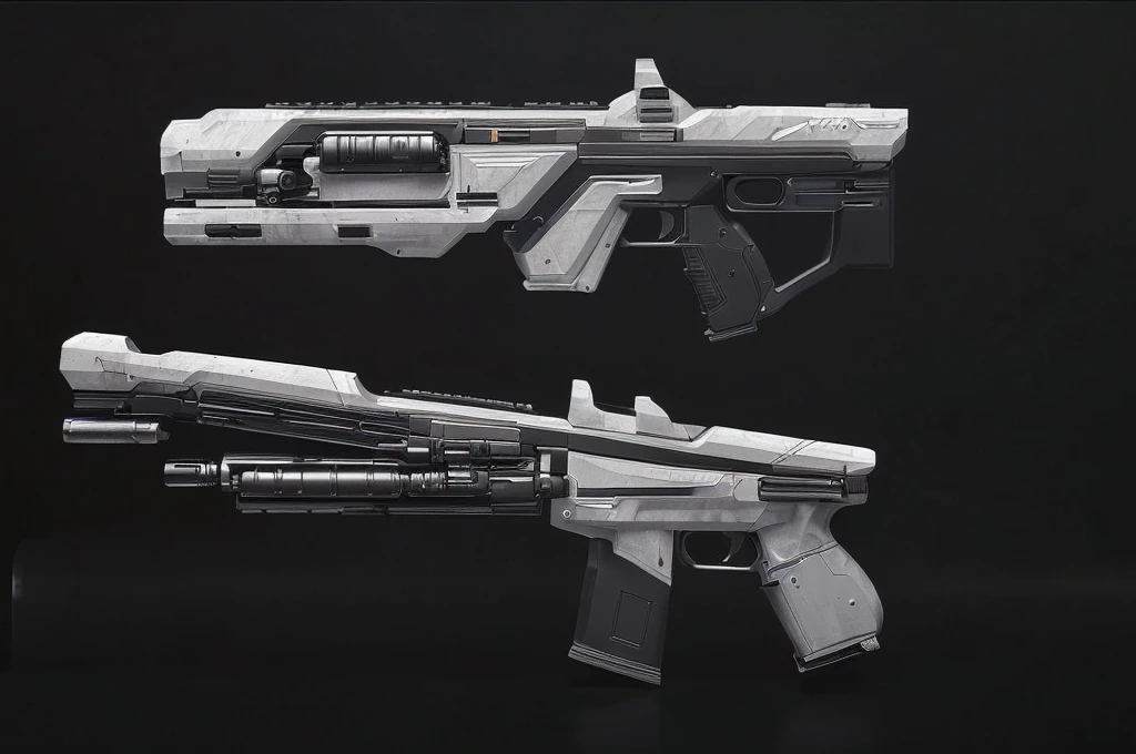 (masterpiece, top quality, best quality, official art, beautiful and aesthetic:1.2),(8k, best quality, no humans,( black background:1.3), gradient, gradient background, weapon, vehicle focus,grey design, Science fiction, gun,bullpup design, 
