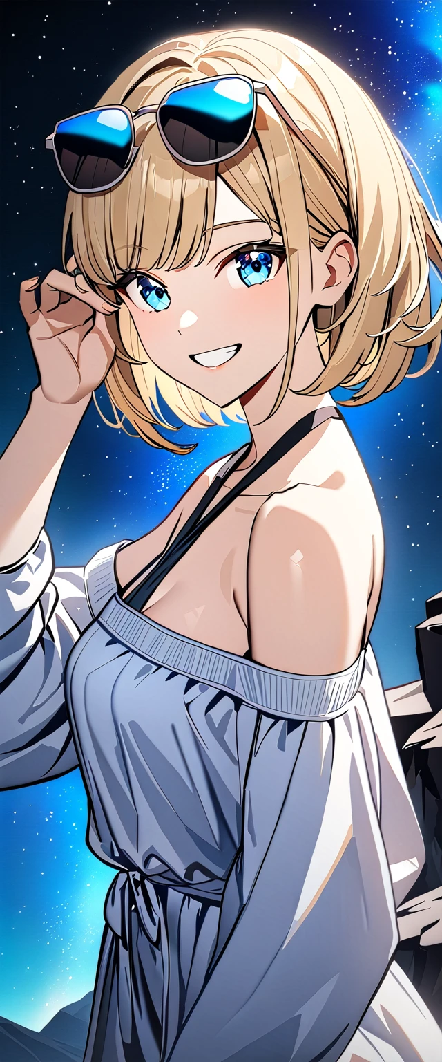 ((grin)), ((plunging neckline dress:1.3)), ((sundress)), ((off shoulders)), ((blond hair, bob cut:1.3)), ((sunglasses, hand to sunglasses)), (((from side))), ((((upper body)))), bare legs, (((A night sky stretching under a full moon, stars shining and reflecting on the sea surface))), ((sitting on the very high cliff)), wavy hair, inward curled hair, ((sea, nature)), breasts, teenager, (looking at viewer), oversized clothes, puffy long sleeves, collarbone, head tilt:1.3, (((blue eyes))), happy smile, (((anime style))), (best quality, 4K, 8K, highres, masterpiece:1.2, ultra-detailed, ultra-detailed eyes, HDR, uhd, studio lighting, ultra-fine painting, sharp focus, physically-based rendering, extreme detail description, professional, vivid colors, bokeh)