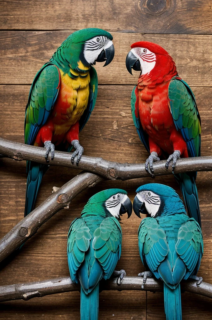 Two parrots can be seen on a wooden branch. The two seem to be interacting with each other. Depict the situation from a close-up with an emphasis on action, space, form and interweaving. In fine art