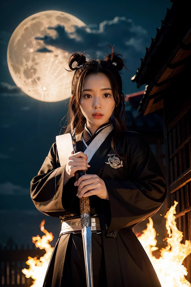 Anime female character with long hair holding a sword in front of a full moon, cute face in Demon Slayer art, Kimetsu no Yaiba, inspired by Demon Slayer, Yoriichi Tsugikuni, Demon Slayer Artstyle, Demon Slayer anime image, Tanjiro Kamado