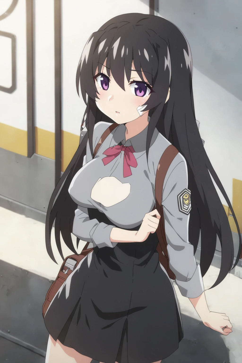 anime girl with a backpack and a mask on her face, purple eyes, anime moe artstyle, cute anime waifu in a nice dress, anime visual of a cute girl, beautiful anime high school girl, gray shirt, short skirt, anime girl with long hair, long straight hair, high quality anime artstyle, from girls frontline, anime style 4k, mature anime girl, anime girl wearing a black dress, kantai collection style,black shiny hair, normal breast