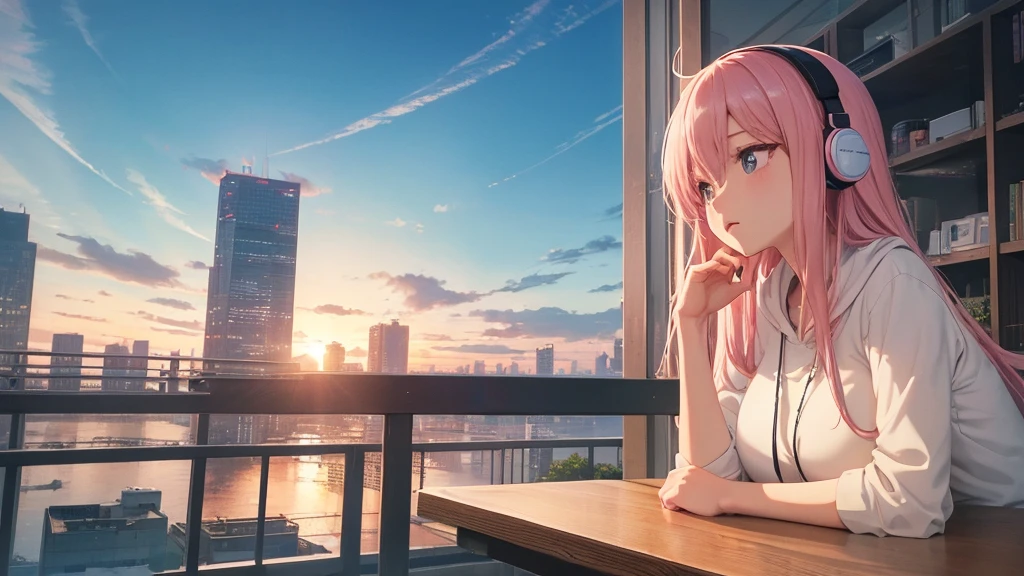 Absurd, Ultra-high resolution, (Official Art, beautifully、mysterious:1.2), Correct human body composition, Impressive eyes, light pink long hair, Larger than average bust, Girl listening to music with headphones, Looking out the window, Lo-fi Girl, and oversized hoodie, Makoto Shinkai and Artgelm, Anime atmosphere, Lofi art style, Anime style 8k, Anime Aesthetics, Lo-fi feeling, Anime Art Wallpapers 8K, An atmosphere of praise, City girl's room, City view from the window, Emotional cityscape, Bright Sky