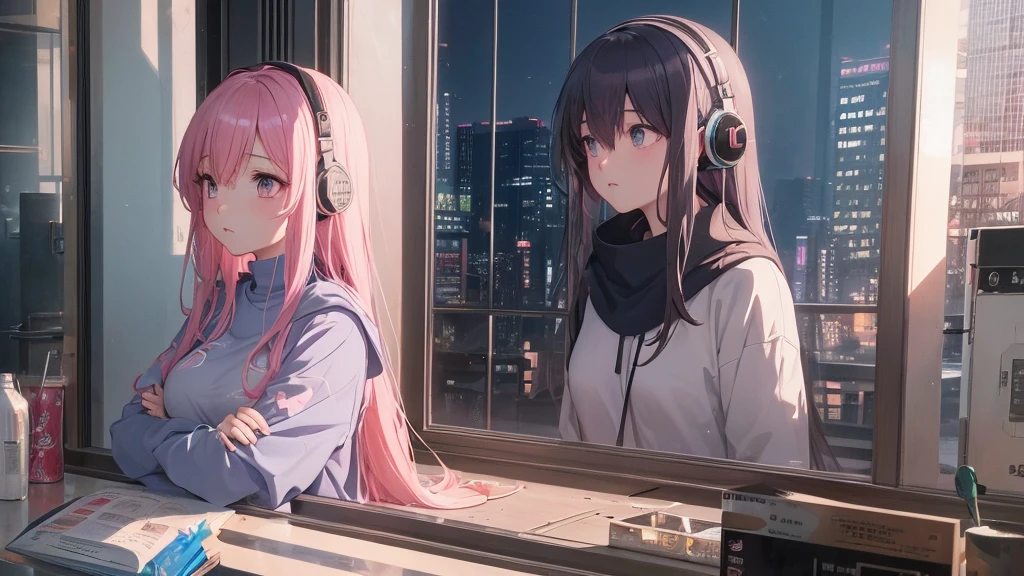 Absurd, Ultra-high resolution, (Official Art, beautifully、mysterious:1.2), Correct human body composition, Impressive eyes, light pink long hair, Larger than average bust, Girl listening to music with headphones, Looking out the window, Lo-fi Girl, and oversized hoodie, Makoto Shinkai and Artgelm, Anime atmosphere, Lofi art style, Anime style 8k, Anime Aesthetics, Lo-fi feeling, Anime Art Wallpapers 8K, An atmosphere of praise, City girl's room, City view from the window, Emotional cityscape, Bright Sky