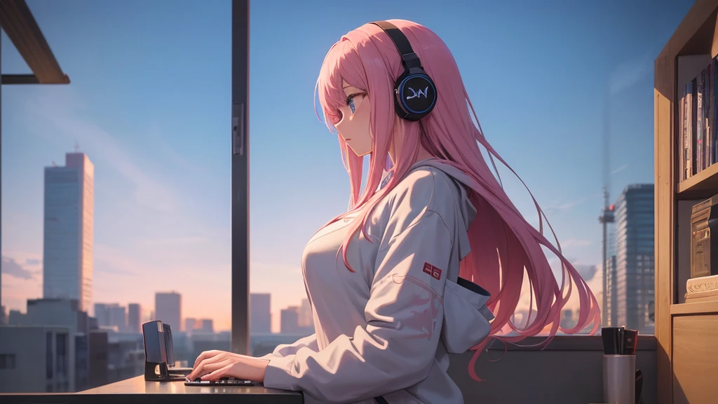 Absurd, Ultra-high resolution, (Official Art, beautifully、mysterious:1.2), Correct human body composition, Impressive eyes, light pink long hair, Larger than average bust, Girl listening to music with headphones, Looking out the window, Lo-fi Girl, and oversized hoodie, Makoto Shinkai and Artgelm, Anime atmosphere, Lofi art style, Anime style 8k, Anime Aesthetics, Lo-fi feeling, Anime Art Wallpapers 8K, An atmosphere of praise, City girl's room, City view from the window, Emotional cityscape, Bright Sky