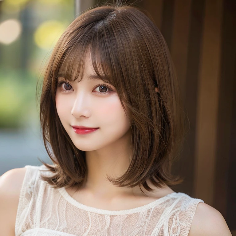 light brown hair, bangs, short hair, tareme, makeup, seductive smile, naughty, HD, best quality, textured skin, accurate