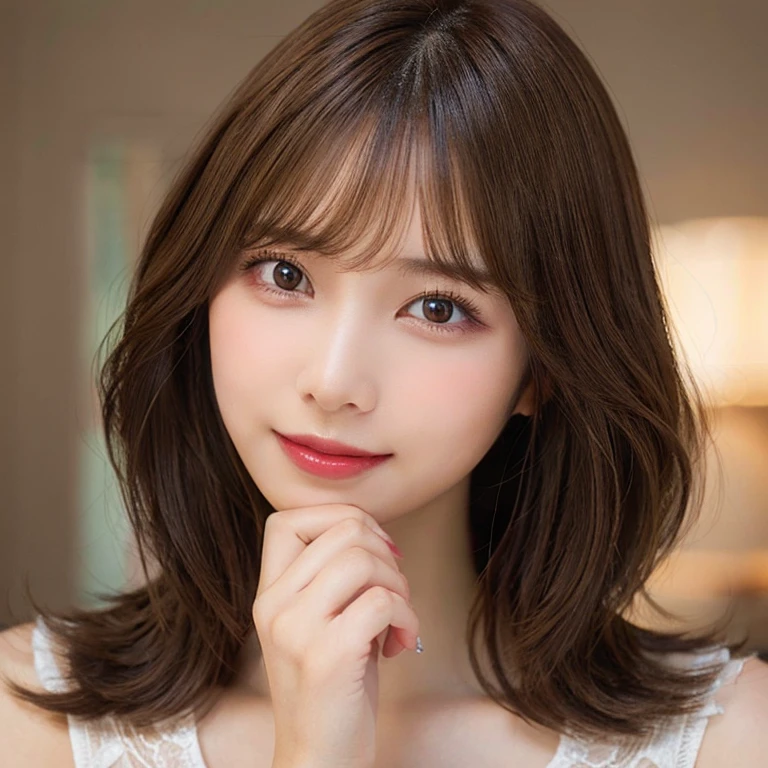light brown hair, bangs, short hair, tareme, makeup, seductive smile, naughty, HD, best quality, textured skin, accurate