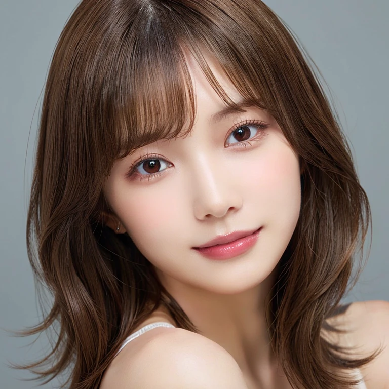 light brown hair, bangs, short hair, tareme, makeup, seductive smile, naughty, HD, best quality, textured skin, accurate