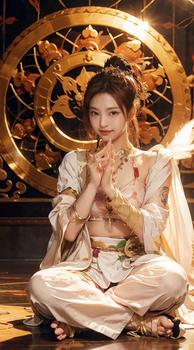 （Chinese immortals）, （Buddhism）, Multip_Handythological stories）, （bodhisattva）, She sits on a lotus, （Three hands on the left，Three hands on the right, Each hand holds a different Buddhist vessel, left right symmetry），（Delicate and beautiful face）, （White silk robe）sitting on a lotus flower, Frontal photo，Light smile, neo-classical, OP Art, Chiaroscuro, Cinematic lighting, god light, Ray tracing, character sheets, projected inset, first person perspective, hyper HD, Masterpiece, ccurate, Textured skin, Super detail, High details, High quality, Award-Awarded, Best quality, A high resolution, 8K