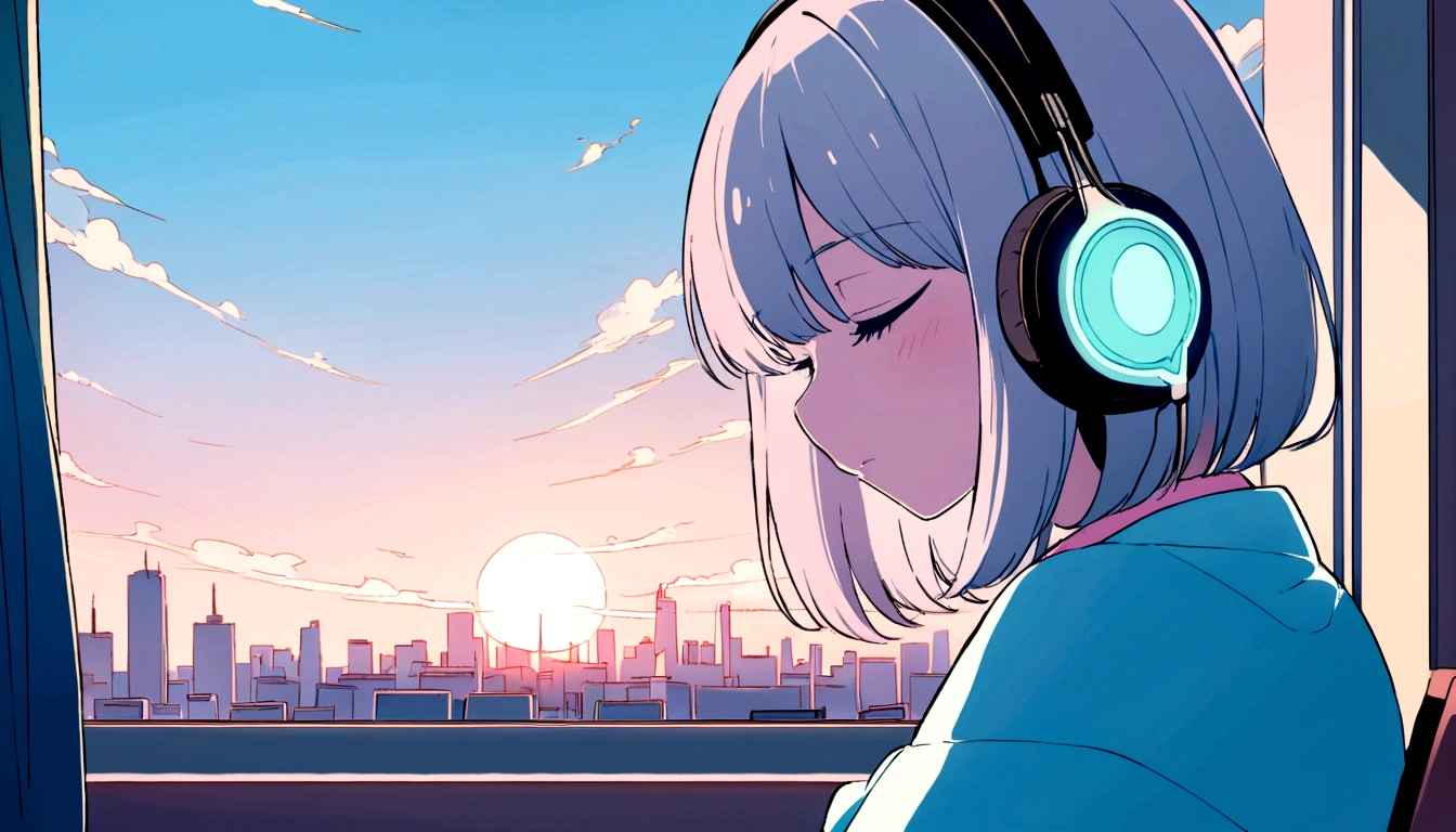 Portrait、512、Lo-Fi、Girl sitting on a chair wearing headphones、Take a nap at your desk、close your eyes、city view outside the window、evening、pastel colour、Painting、Makoto Shinkai style