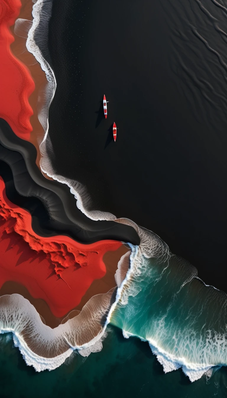 top view,plane geometry,Beautiful black sand beach,Dramatic Red Ocean,Simple vector landscape,Clean stylized graphic art,High contrast,masterpiece,best quality,8K,Reality,Intricate details,Seamless,Stunning colors,Dramatic Lighting