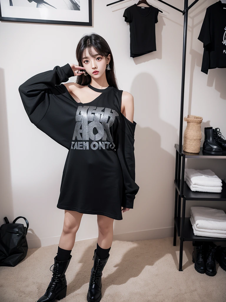 Beautiful woman wearing a black grey While standing wearing swag style clothes mini dress with decorations on the shirt and visible shoulders and wearing boots and being photographed with a background And being in a room filled with things and messy ,Korean style swag, beautiful face so gorgeous, Beautiful eyes, y2k style,