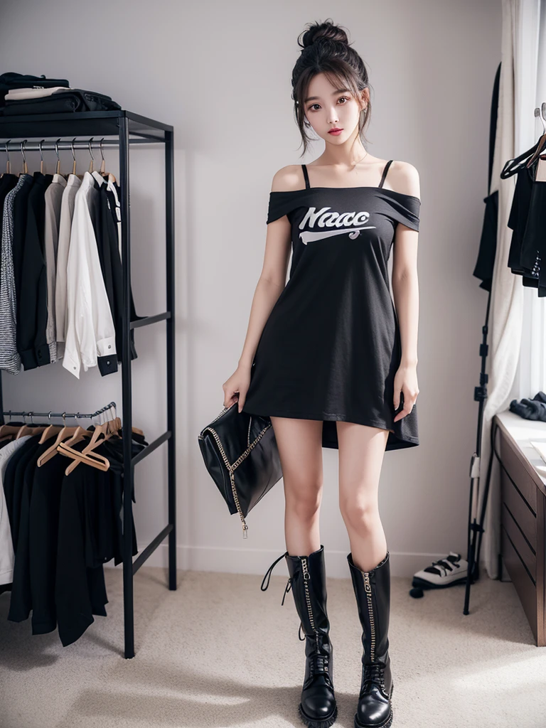 Beautiful woman wearing a black grey While standing wearing swag style clothes mini dress with decorations on the shirt and visible shoulders and wearing boots and being photographed with a background And being in a room filled with things and messy ,Korean style swag, beautiful face so gorgeous, Beautiful eyes, y2k style,