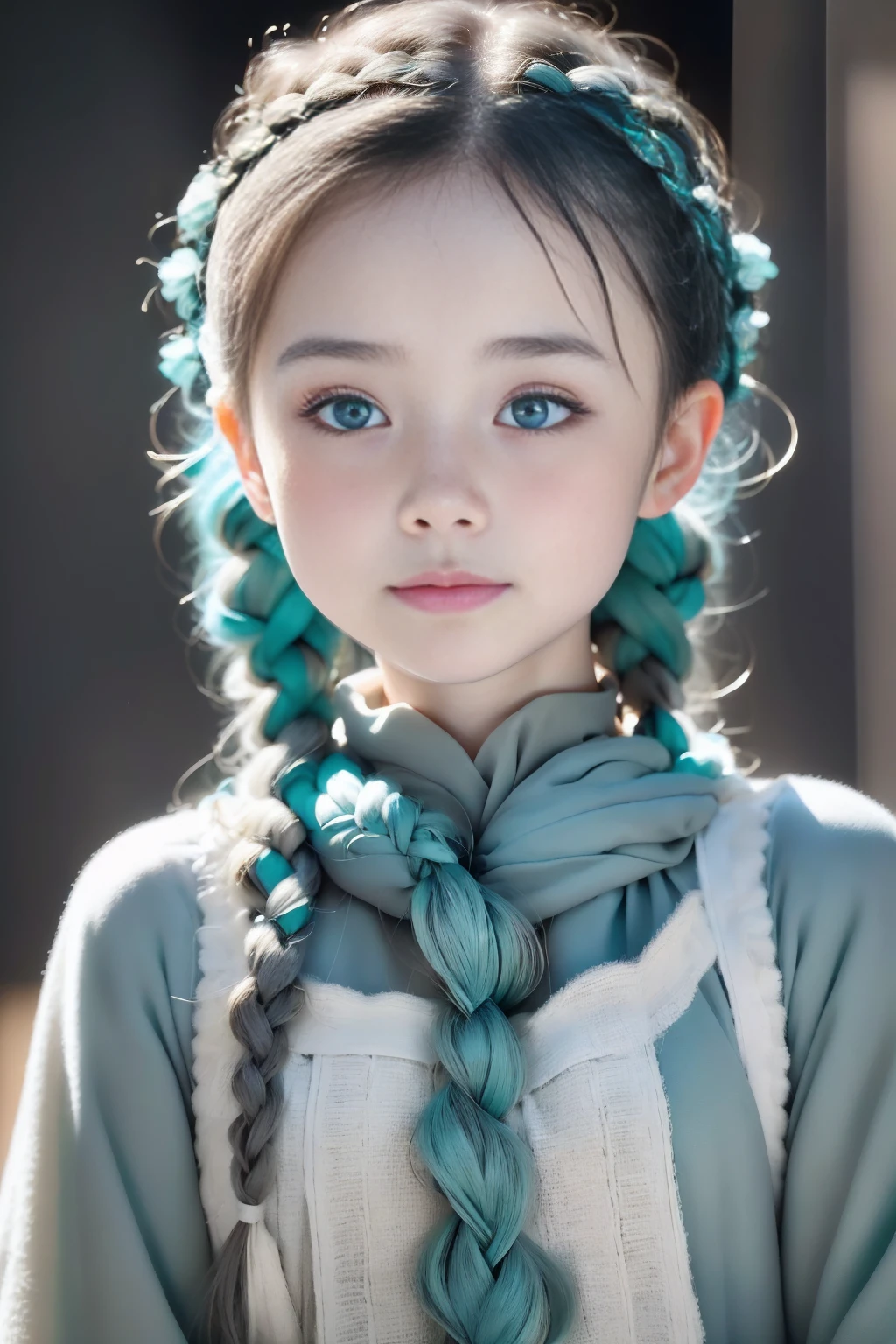 1 Girl, White skin、Caucasian、Very cute face、Small Nose、Fuller lips、Braids bundled in one、French Braid, ((Grey Hair)),(Detailed gray eyes)、Natural color tunic,National costume, Upper Body,Perfect beauty, ((Blurred Background))、((Black background)),((Shining turquoise light))、,Cinema Lighting,Professional Photographer,Random Pause、50ｍｍlens