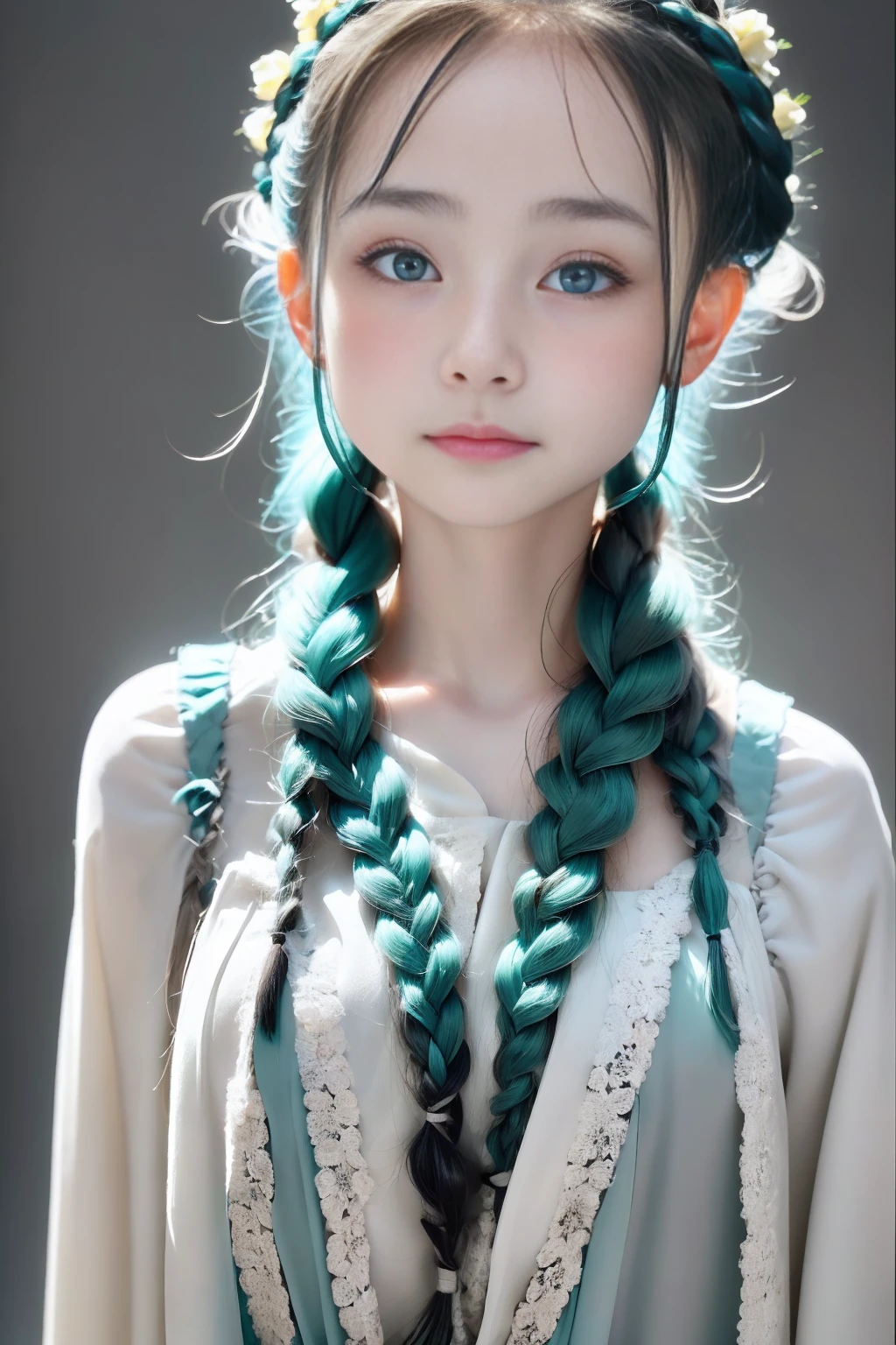 1 Girl, White skin、Caucasian、Very cute face、Small Nose、Fuller lips、Braids bundled in one、French Braid, ((Grey Hair)),(Detailed gray eyes)、Natural color tunic,National costume, Upper Body,Perfect beauty, ((Blurred Background))、((Black background)),((Shining turquoise light))、,Cinema Lighting,Professional Photographer,Random Pause、50mmlens