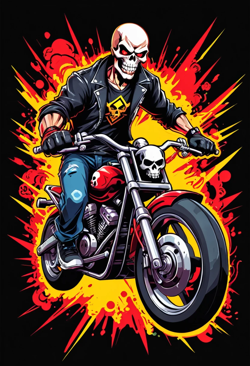 A biker with a skull head, fighting game style, Hip-Hop Style, t shirt design, flat-colors, vectorial art,  ((black backdrop)) . dynamic, Vibrant, full of action, detailed character design, reminiscent of fighting video games