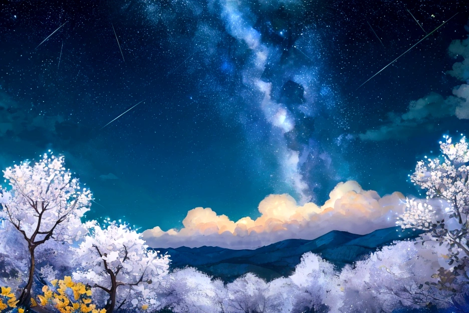 Mountain, forest, Starry Sky ,Yellow Full Moon, Intricate details,make flowers bloom,Sea of Flowers,Fantastic、Monet、vivid、oil、Meteors、Sparkling night sky、