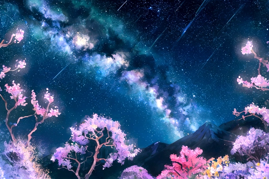 Mountain, forest, Starry Sky ,Yellow Full Moon, Intricate details,make flowers bloom,Sea of Flowers,Fantastic、Monet、vivid、oil、Meteors、Sparkling night sky、