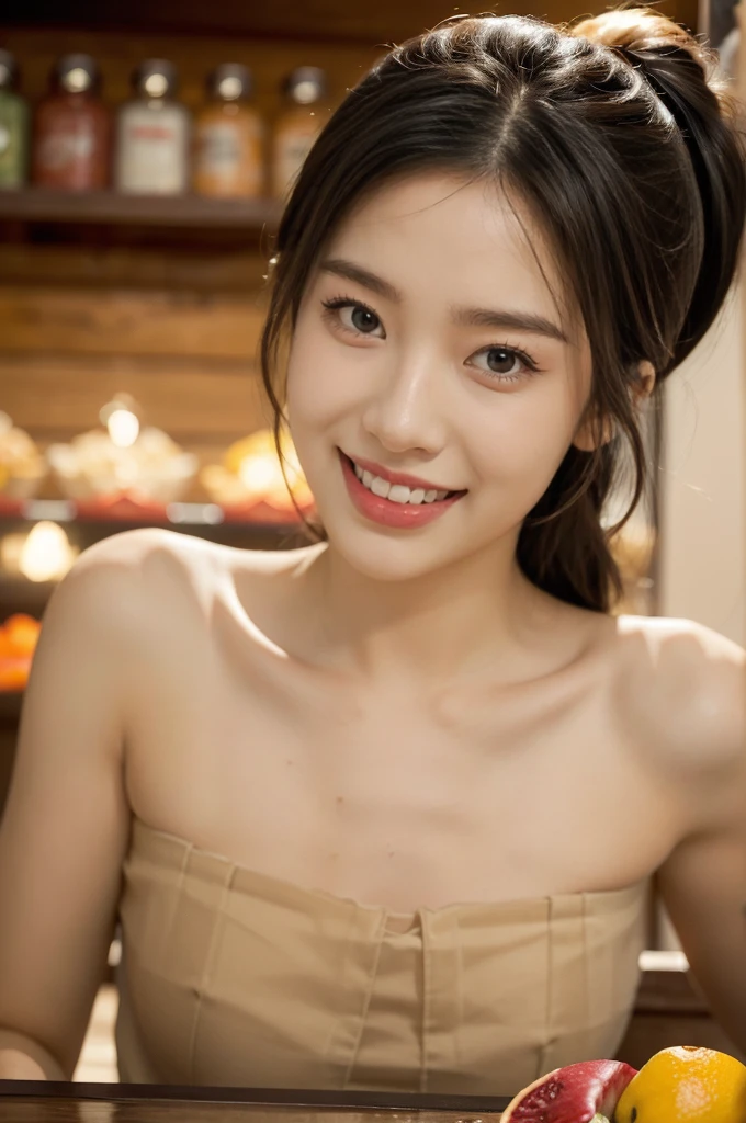 (((best quality))),(((ultra detailed))),(((masterpiece))),illustration,((1 beautiful young girl,solo)),((slim,thin)),((small breasts,flat chest)),(short ponytail:1.2),(laughing:1.2),stunning, radiant complexion, mesmerizing eyes,((strapless sheer bra)),frilly, domesticity, playfulness, colorful patches, vegetables, cooking utensils, whimsical,delicate features, gentle smile, perfectly aligned teeth, contentment, warmth, friendliness, vibrant atmosphere, bustling,barbecue restaurant, wooden panels, hanging plants, cozy, earthy feel, scent of sizzling meats, spices, patrons, tables, meals, laughter, lively ambiance, gleaming wooden counter, checkout counter, assortment of bills, receipts, cash register, calm, collected, typing, precision, simplicity, joy, hard work, hospitality, culinary delights,((from front,close-up of face))
