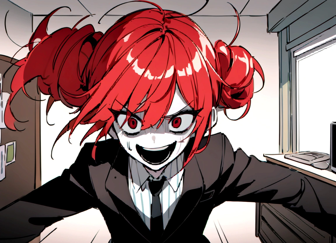 Red hair、Black suit、punch、Scary smile、office、Daytime、Destroy the computer、Momentum、Front facing、indoor