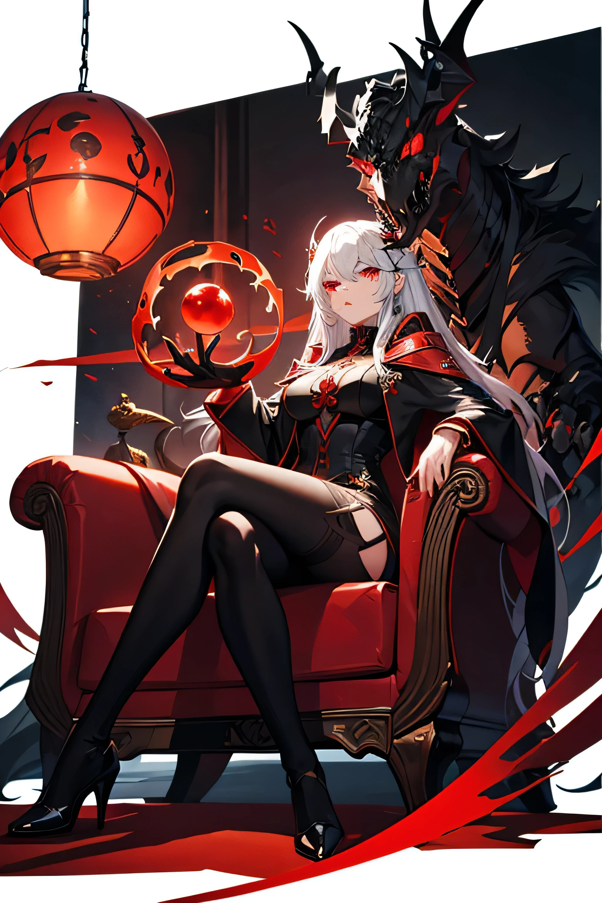 An evil goddess wearing a black and red coat holding his super powerful orb, Has red eyes and sitting along with his super dragon
