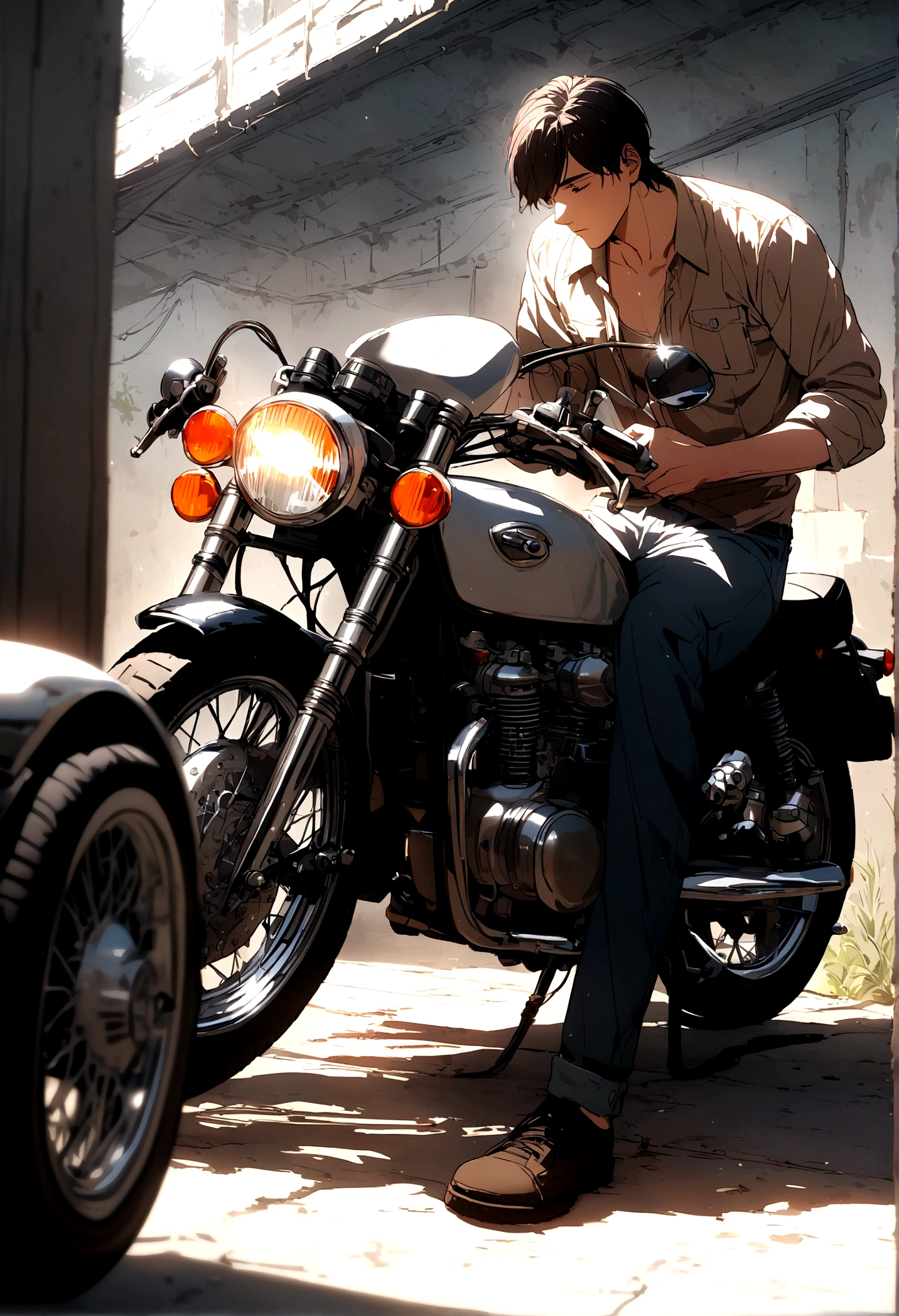 A 26 year old man washing an XJ6 motorcycle