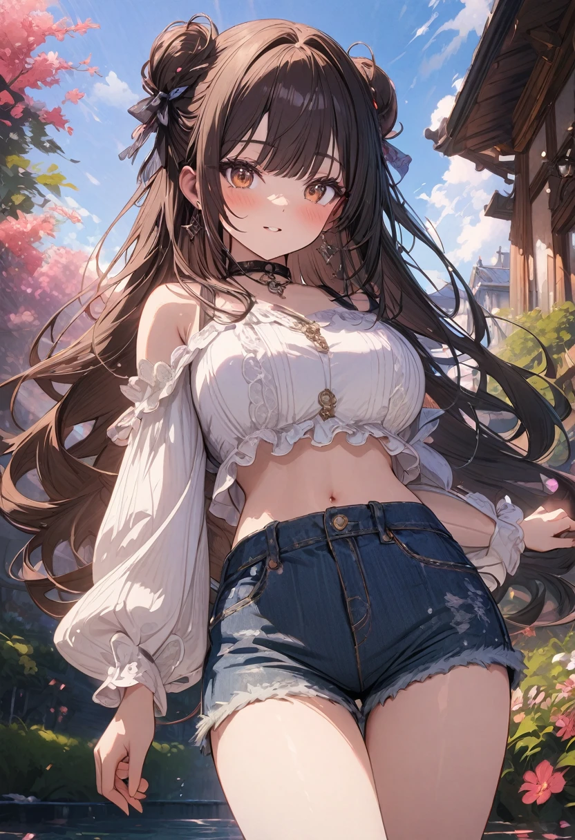 (masterpiece), best quality, very aesthetic, newest, absurdres, detailed, high quality
BREAK
highest quality, top quality, details, highres, ultra fine painting, digital art, official art, cinematic, 4k, 8k resolution, 8K CG wallpaper, CG, original artwork, detailed background, colorful background, blue atmosphere, High Dynamic Range, blurry background, blue hour, Starburst effects, crepuscular rays, good ISO, high resolution, wide shot, from far away, RAW photo, POV, sharp focus, light reflection, reflections, intricate details, soft light, particle noise, professional photography, bokeh, depth of field, natural lighting, vibrant colors, looking away, detailed lights and shadows, stylish, ultra-detailed, top rated on Pixiv, trending on Artstation, niji style, modern-days, master crafted, pose
BREAK
solo, (close up), 1girl, pale skin, correct fingers, detailed hand, (big breasts:1.2), big thighs, small torso, short body, flushtered, blush, anxious expression, embarassed, embarassed act, casual, slim, ((cute, childlike face):1.3), nice hips, nice body, brown hair, (very long flowing hair), (big 2 buns hairstyle)), long bangs, long hair, middle hair bangs, brown eyes
BREAK
(white loose-fitting crop shirt, long sleeve, denim shorts, choker, casual wear style, detailed tummy, belly button, modern fashion)
BREAK
tranquil park scene bathed in the soft glow of late afternoon sunlight. The park features lush, green grass, a variety of trees in different shapes and sizes, and a serene pond reflecting the sky. Scattered benches and winding pathways invite visitors to stroll and relax. Include a vibrant flower garden with a mix of colorful blooms, and a charming old-fashioned lamppost casting a gentle light.