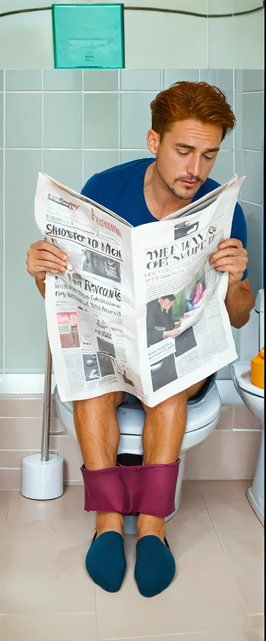 Realism，photography，8K,detail，Man sitting on toilet and reading newspaper，（Pink panties：1.5），open one&#39;s eyes
