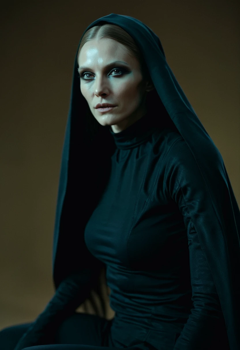 Fashionable of androgynous alien looking witch wearing veil, glowing eyes, beautiful evil slavic muscular woman, pale skin, long hair, futuristic design, minimal details, givenchy, photoreal, 200mm, hd, f/ 2.0, highly detailed, surreal, sitting, light smile, simple black stylish clothes, a slight smiledrop dead, in the style of red and blue, (intricate details, hyperdetailed:1.15) (skin texture:1.2), cinematic, professional, 4k, (((dynamic model pose))), sitting, full body, mesmerizing, dynamic, dramatic, sensual, dynamic pose, highly detailed skin with hair, subcutaneous veins, light and shadow play, highly detailed,24mm photograph, film, bokeh, professional, 4k,