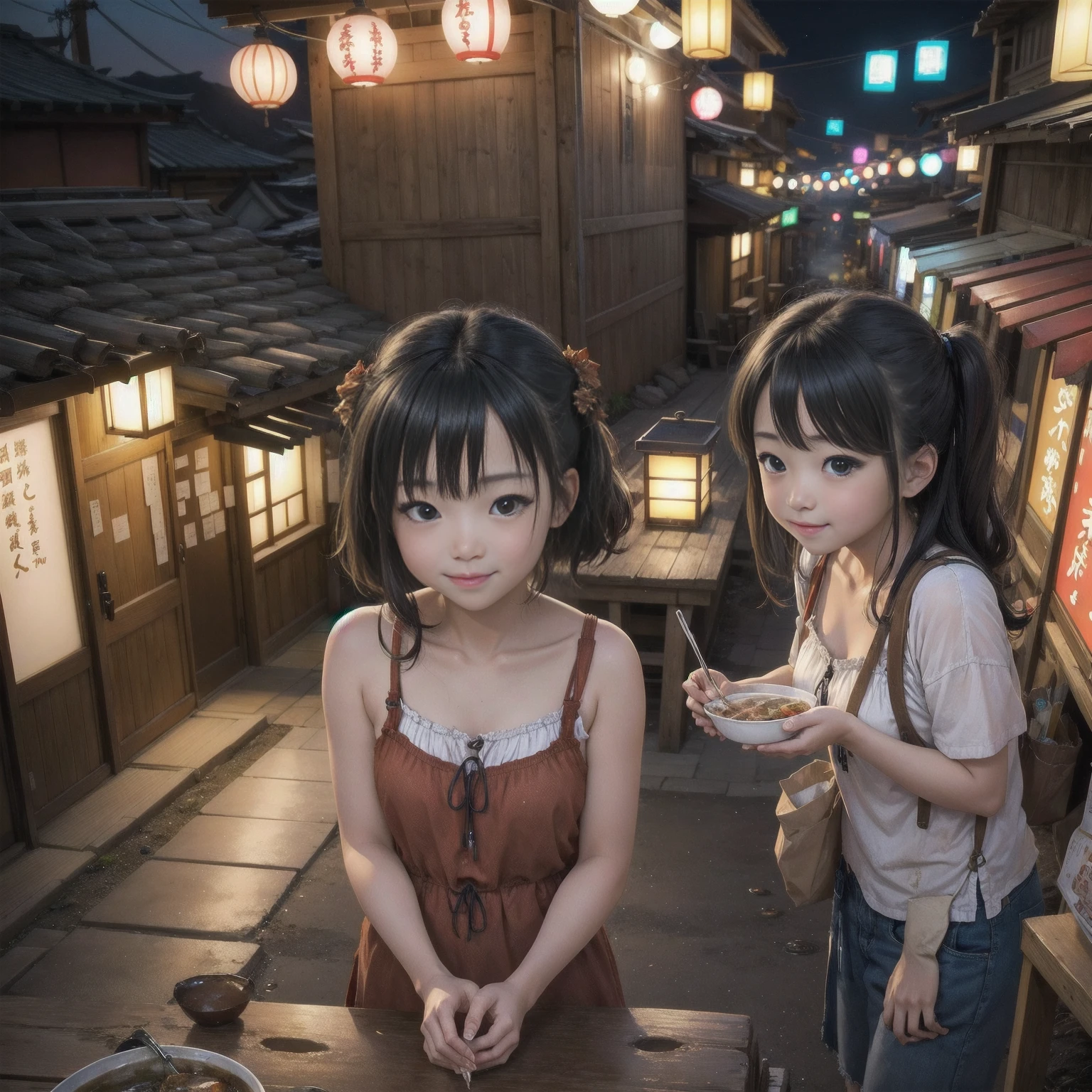 (masterpiece:1.2、Highest quality)、Hot Spring Town、Places to visit in Japan、Night view of tourist spot、Unsanitary and despicable environment、Shady Red Light District、Summer clothes、Summer festival、Tavern on the street、(Detailed and cute face:1.3)、(3More than 100 cute girls)、Rusted metal、Dirty walls、Full of garbage、((Eat well))、perfect anatomy、smile