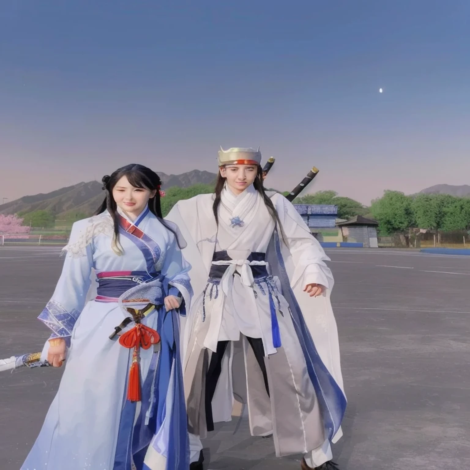 anime characters dressed in costumes standing in a parking lot, full body wuxia, yiqiang and shurakrgt, lunar themed attire, ruan jia and fenghua zhong, heise jinyao, each wearing correct era clothes, cotton cloud mage robes, medium shot of two characters, full body xianxia, ruan jia and brom
