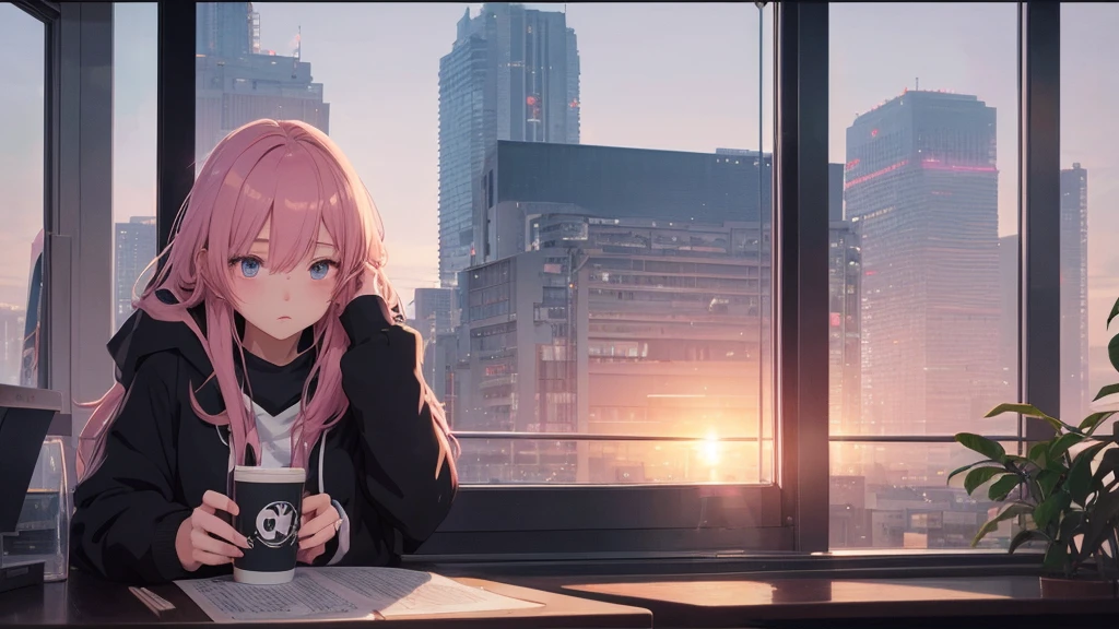 Absurd, Ultra-high resolution, (Official Art, beautifully、mysterious:1.2), Correct human body composition, Impressive eyes, light pink long hair, Larger than average bust, Girl listening to music with headphones, Looking out the window, Lo-fi Girl, and oversized hoodie, Makoto Shinkai and Artgelm, Anime atmosphere, Lofi art style, Anime style 8k, Anime Aesthetics, Lo-fi feeling, Anime Art Wallpapers 8K, An atmosphere of praise, City girl's room, City view from the window, Emotional cityscape, Bright Sky