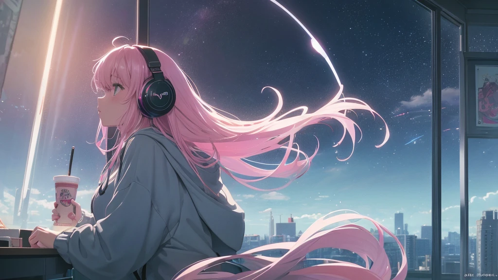 Absurd, Ultra-high resolution, (Official Art, beautifully、mysterious:1.2), Correct human body composition, Impressive eyes, light pink long hair, Larger than average bust, Girl listening to music with headphones, Looking out the window, Lo-fi Girl, and oversized hoodie, Makoto Shinkai and Artgelm, Anime atmosphere, Lofi art style, Anime style 8k, Anime Aesthetics, Lo-fi feeling, Anime Art Wallpapers 8K, An atmosphere of praise, City girl's room, City view from the window, Emotional cityscape, Bright Sky