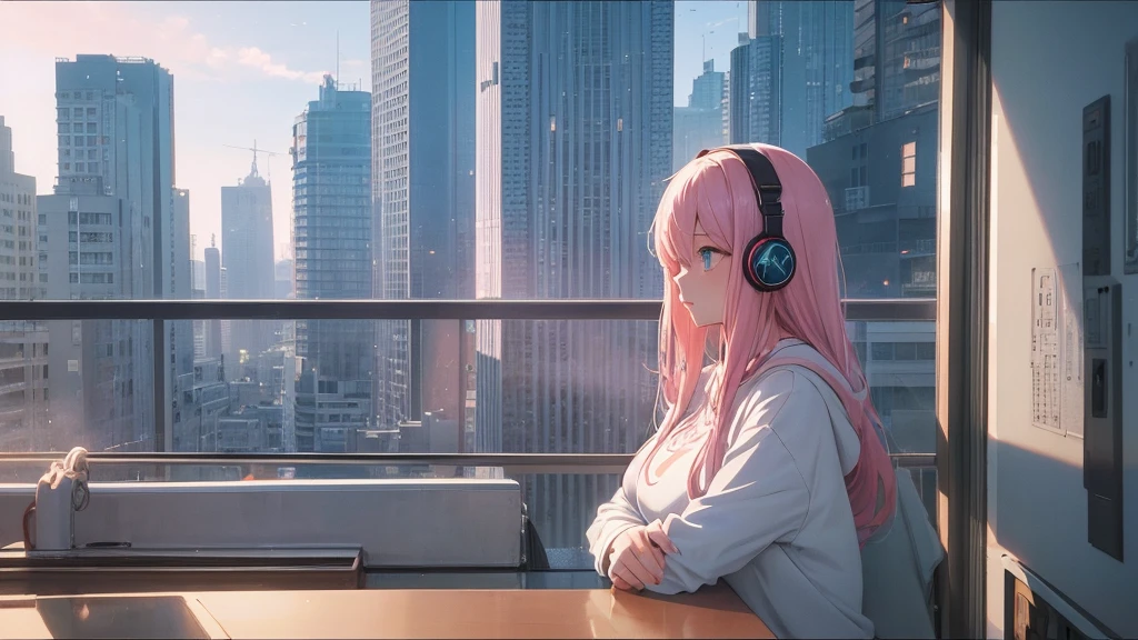Absurd, Ultra-high resolution, (Official Art, beautifully、mysterious:1.2), Correct human body composition, Impressive eyes, light pink long hair, Larger than average bust, Girl listening to music with headphones, Looking out the window, Lo-fi Girl, and oversized hoodie, Makoto Shinkai and Artgelm, Anime atmosphere, Lofi art style, Anime style 8k, Anime Aesthetics, Lo-fi feeling, Anime Art Wallpapers 8K, An atmosphere of praise, City girl's room, City view from the window, Emotional cityscape, Bright Sky