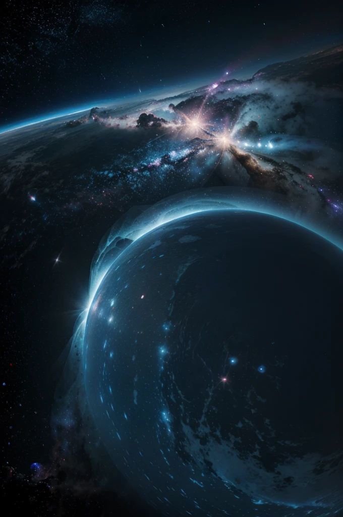 Neural network of the future floating in space, surrounded by stars and cosmic nebulae, to emphasize the vision of the future and advanced technologies.