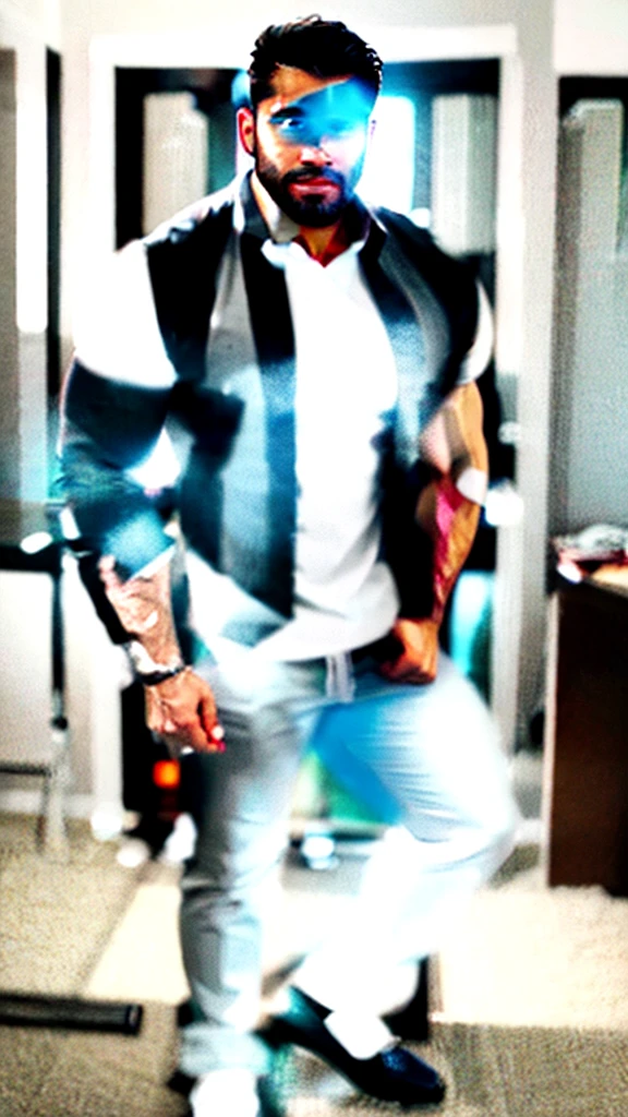 Latino beared muscle hunk, with big muscled chest, arms, triceps, biceps, wrist, in white formal shirt, grey formal pant, brown formal shoes, white formal shoes, sexy hairstyle, handsome face, standing in office, full body, top to bottom, dimple in his face while, full body view, see with attitude