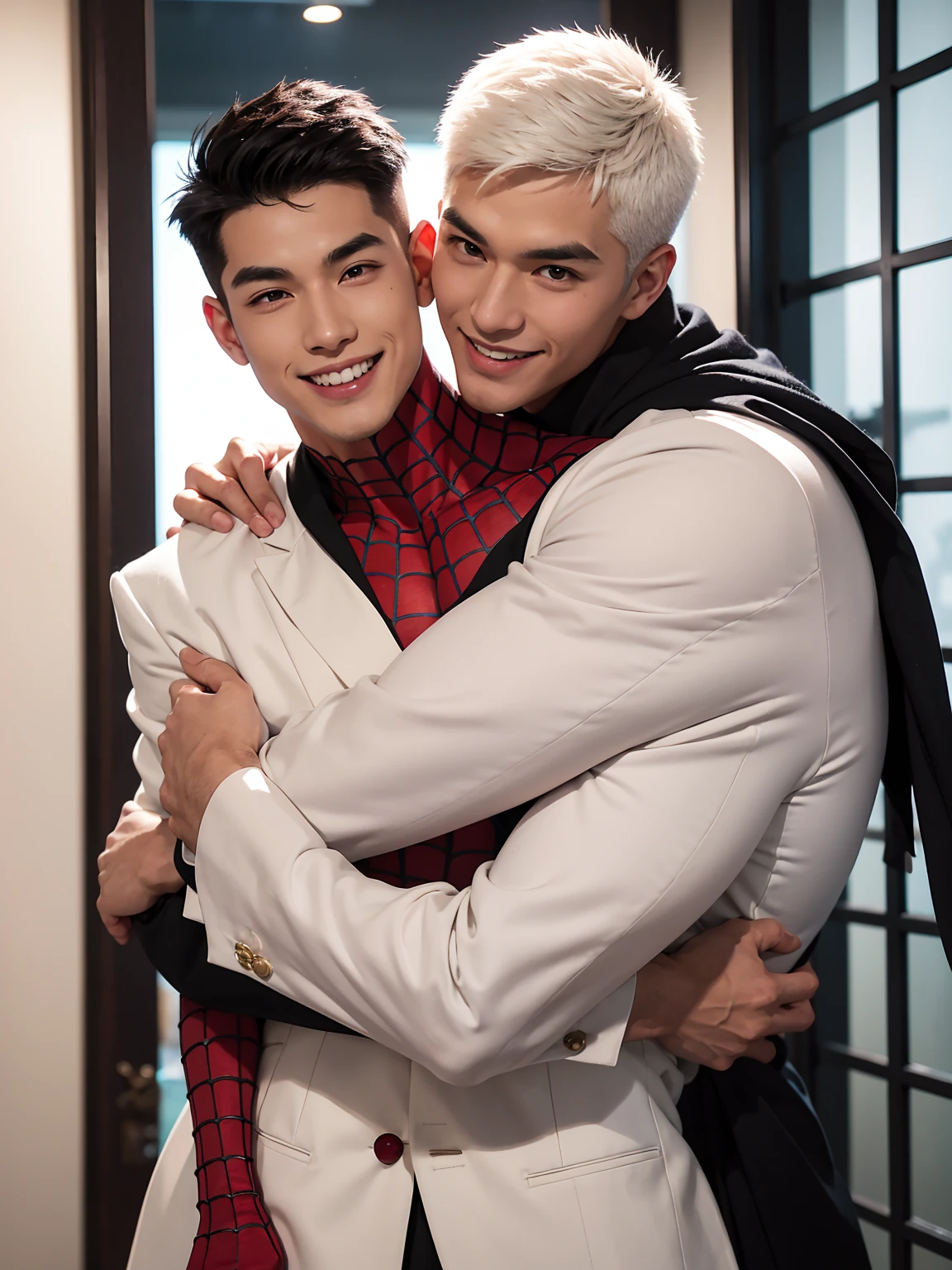 A man with black hair, pink highlights, black eyes, a handsome face, Full chest muscles, Buzz cut,Stylish short hair,a mischievous smile, eyebrow piercing, nose piercing, wearing a Spider-Man costume. Face looks like a Chinese man A little muscular sexy poses and hugged the neck of a tall man with white hair, red eyes, and a mischievous smile. Wear a white suit and have long hair. His face was handsome, tall, muscular, and smiling. He held a katana.