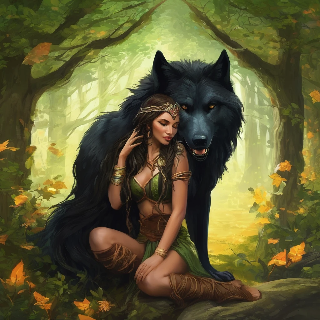 (Beautiful elf druid girl 1.3) hug a big black wolf (Background&#39;Extremely detailed Unity 8k CG display, head of&#39;artwork, best quality, ultra-detailed, beautiful, bright, detailed eyes:1.2), better lighting, (best shadow, an extremely delicate and beautiful, floraison, iridescent), head of&#39;artwork, best quality:1.1, realistic:1.3, Cinematic lighting:1.2, on a sunny cliff:1.5, ultra photorealistic, photorealistic:1.0, sharpness:1.1, depth of ﬁeld:1.1, 50mm, Hasselblad X1D II, Door 160